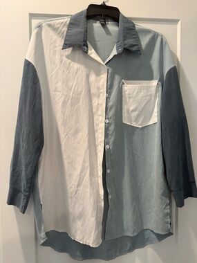 SHEIN Colorblock Button-Down Shirt in White and Dusty Blue